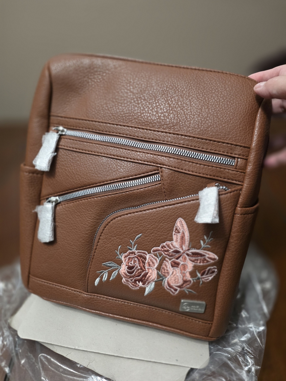 White Mountain Brown Backpack with Pink Floral Embroidery